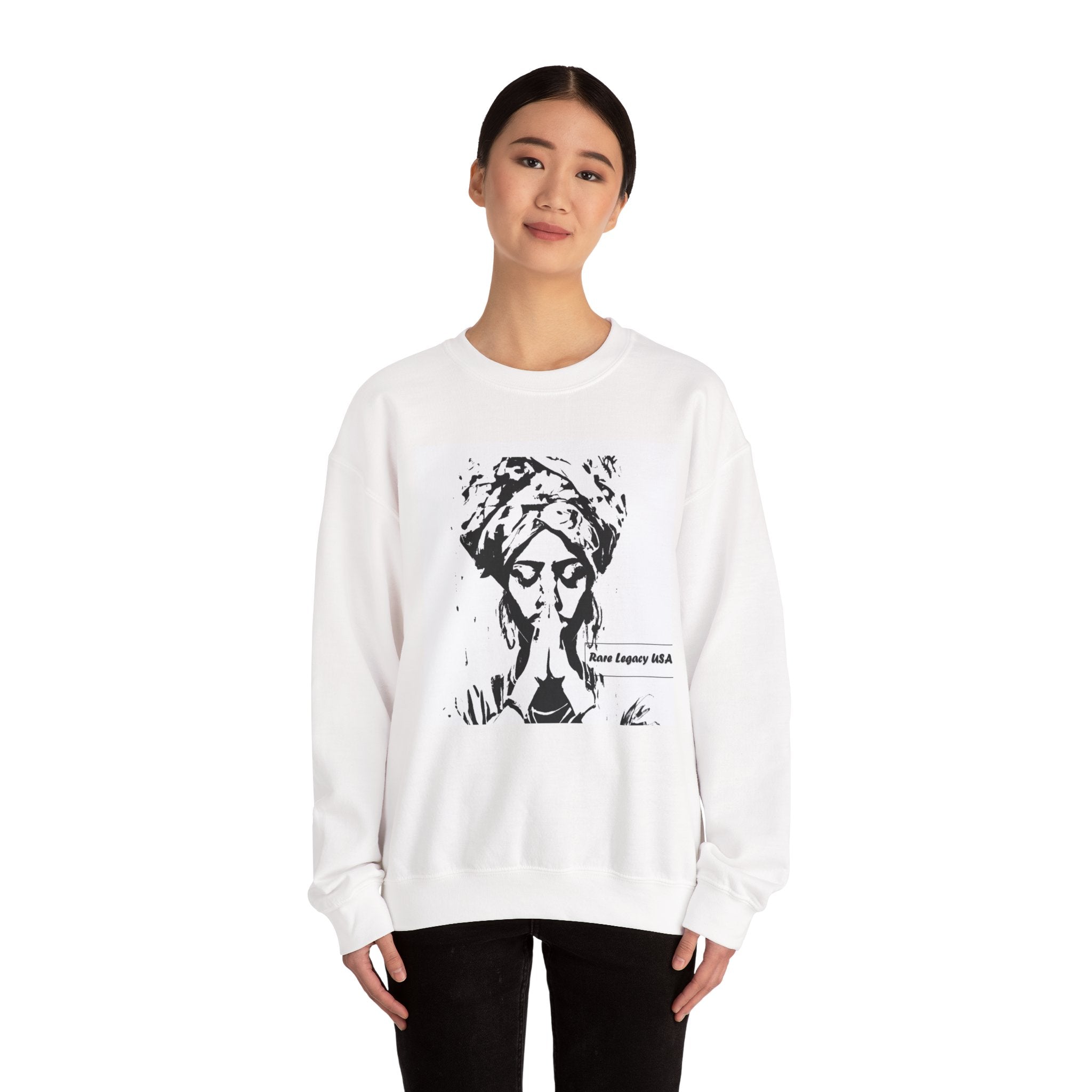 Praying Woman Graphic Sweatshirt – Retro Black & White Turban Portrait Crewneck