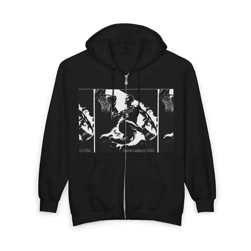Full-Zip Hoodie — Black Grunge Skull Panel Design