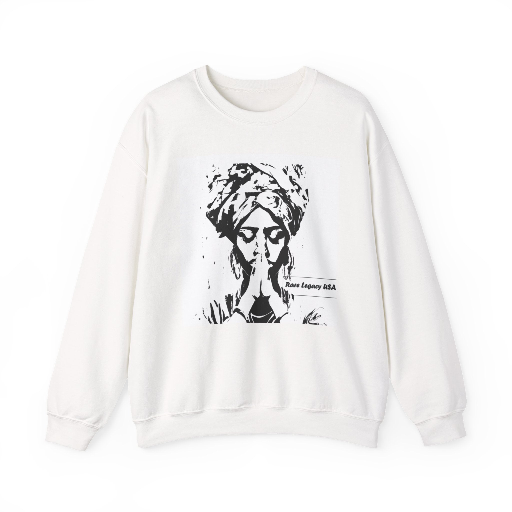 Praying Woman Graphic Sweatshirt – Retro Black & White Turban Portrait Crewneck