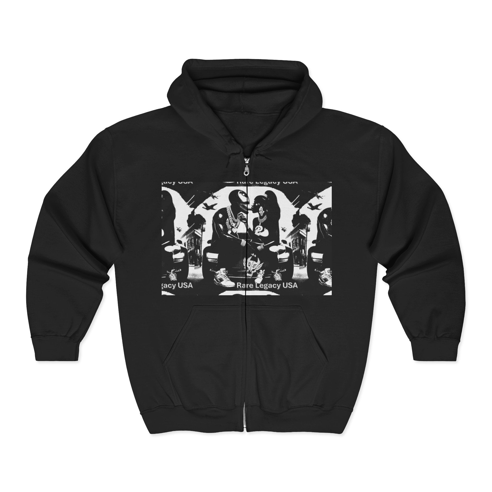 Band Graphic Zip Hoodie — Retro 'Rare Legacy USA' Rock Artwork