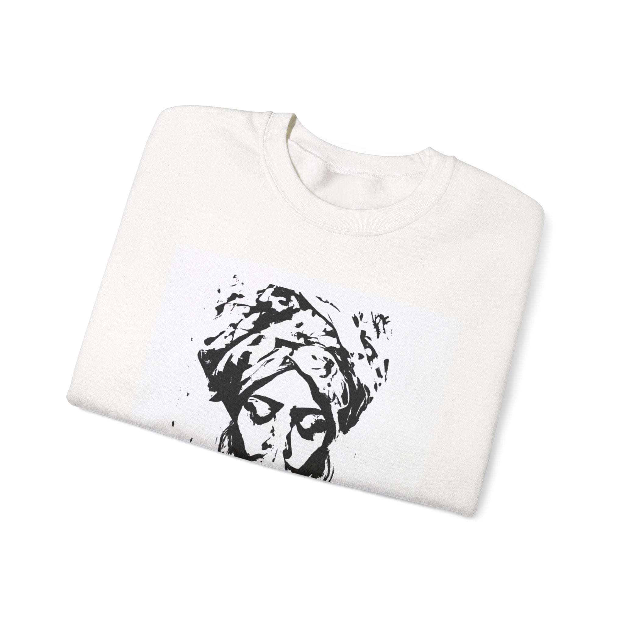 Praying Woman Graphic Sweatshirt – Retro Black & White Turban Portrait Crewneck