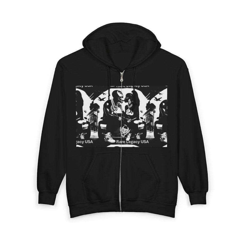 Band Graphic Zip Hoodie — Retro 'Rare Legacy USA' Rock Artwork
