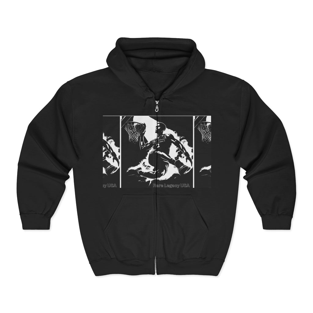 Full-Zip Hoodie — Black Grunge Skull Panel Design